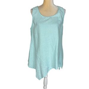 For Cynthia Aqua Blue Linen Sleeveless Asymmetrical Hem Lagenlook Tank Top Large